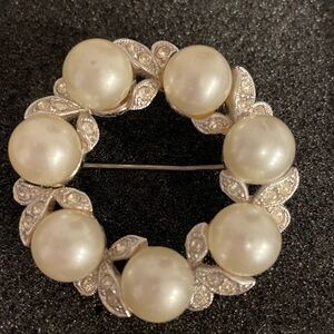 Vintage Silver Tone and White Faux Pearl Brooch